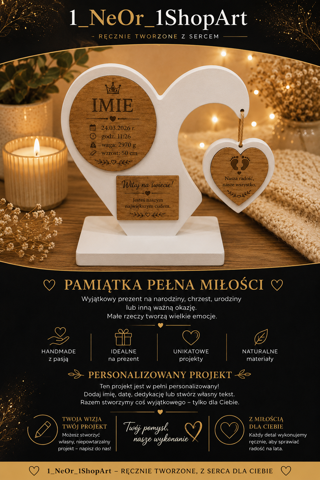 Personalizowane Serce z Metryczką Dziecka | Wyjątkowa Pamiątka Narodzin | Handmade